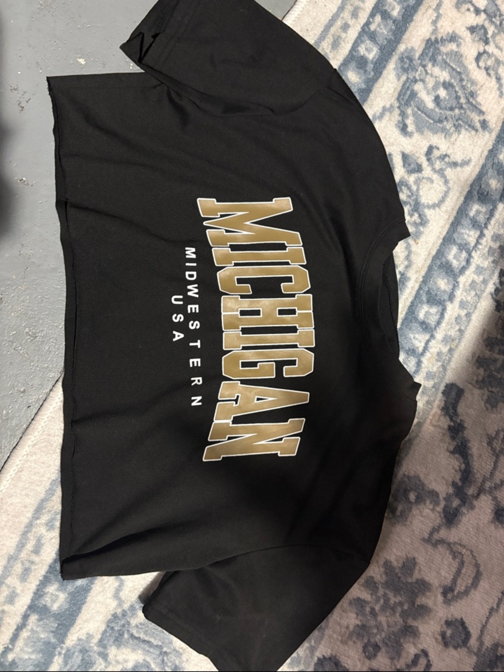 SHEIN Black Crop Top with Gold "MICHIGAN" Print